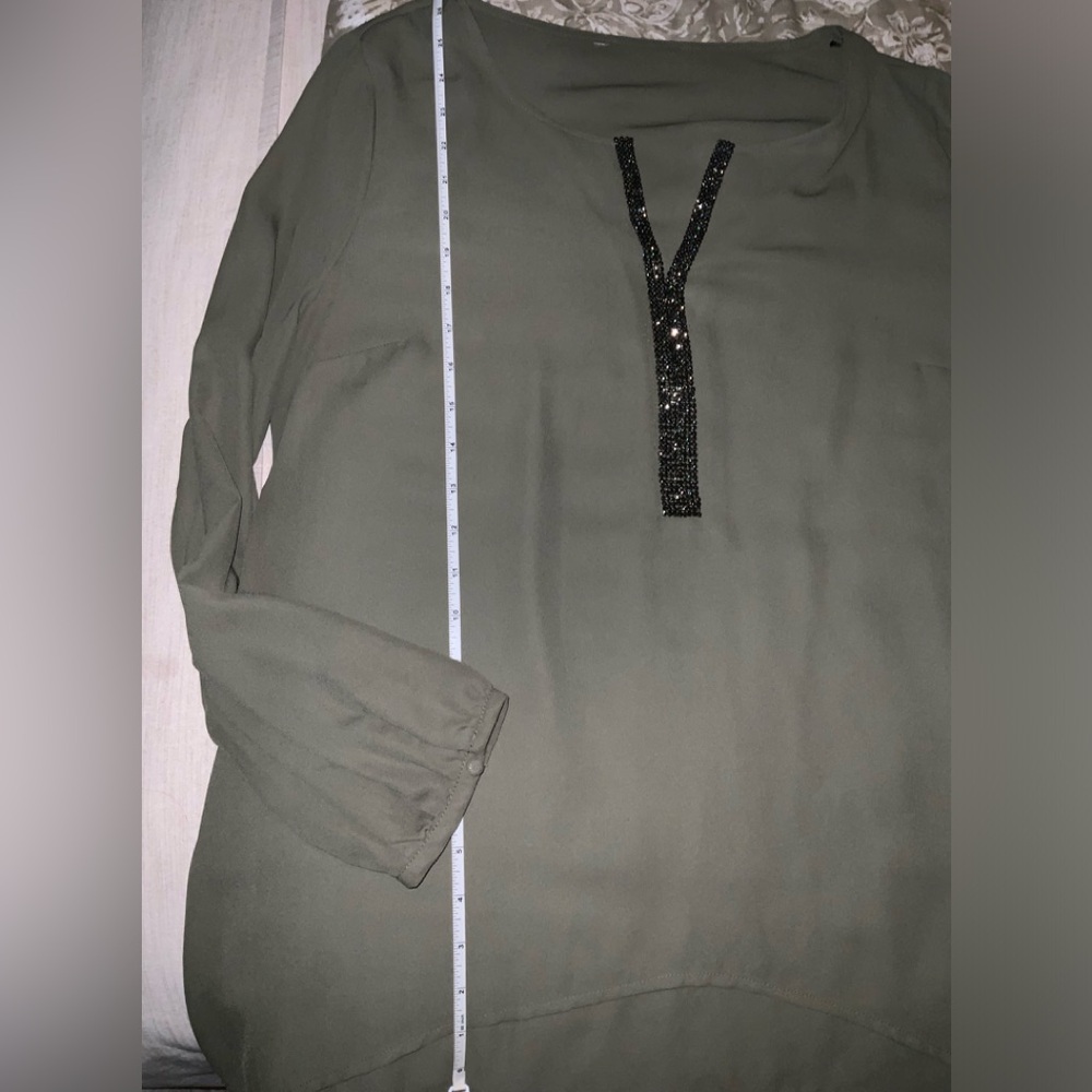 Juicy Couture ~ curved hem ~ Olive green blouse with bling v-neck ( worn once ) - Picture 8 of 14